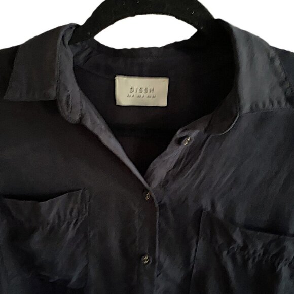 DISSH button down dark blue navy long sleeve shirt top blouse - Picture 7 of 9